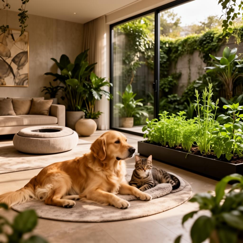 Dog and cat resting in a luxury indoor-outdoor pet wellness sanctuary