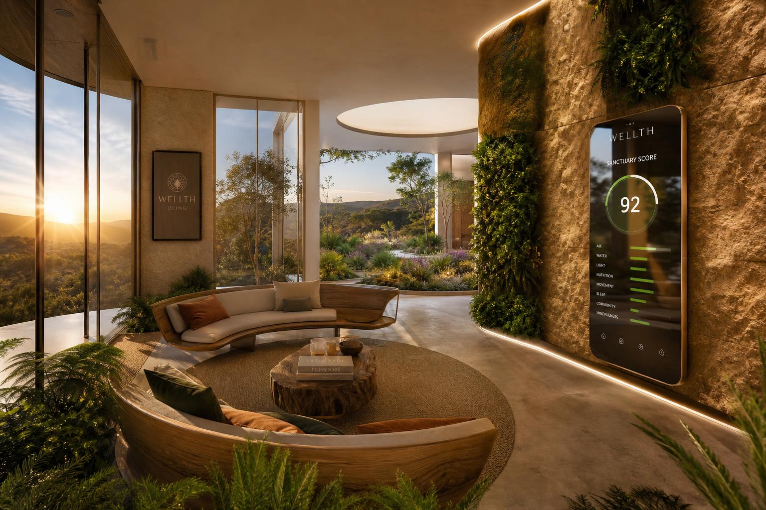 Luxury biophilic sanctuary living space with Texas Hill Country view, mycelium living walls, and a Wellth Mirror displaying a Sanctuary Score of 92